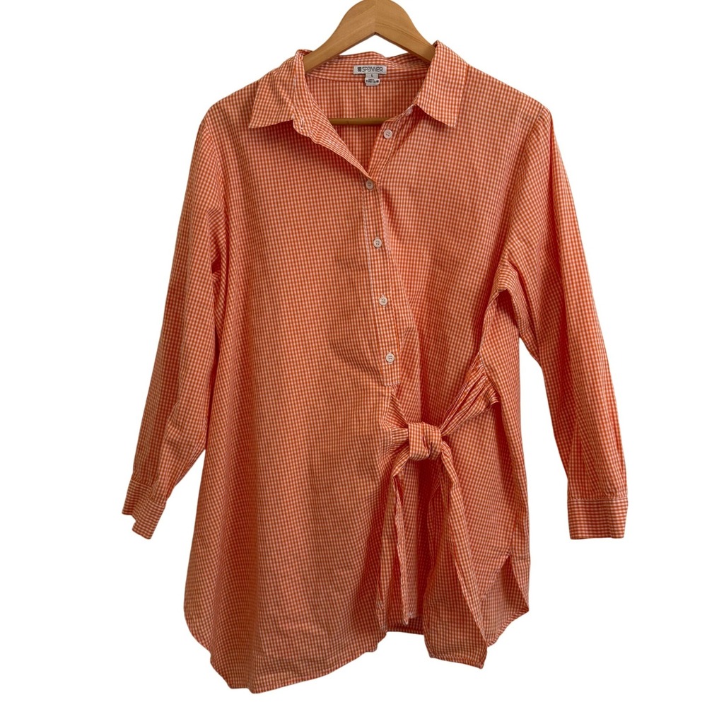 Spanner Womens Orange Gingham Side Tie Button Down Tunic Shirt Long Sleeve Large